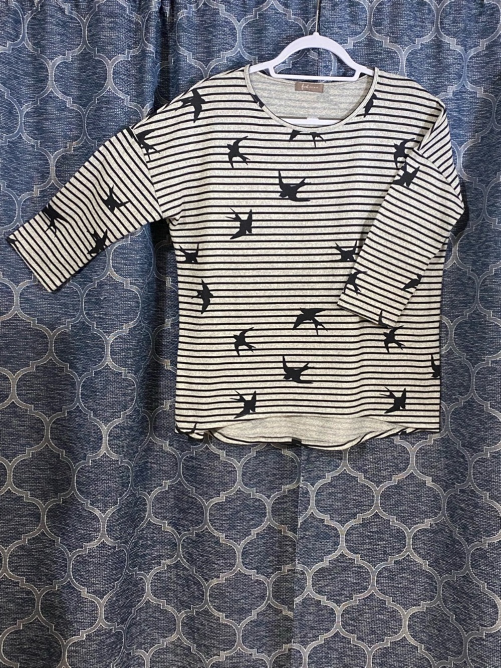 First Avenue Heathered Black Striped and Dove Print Cream Knit Top
